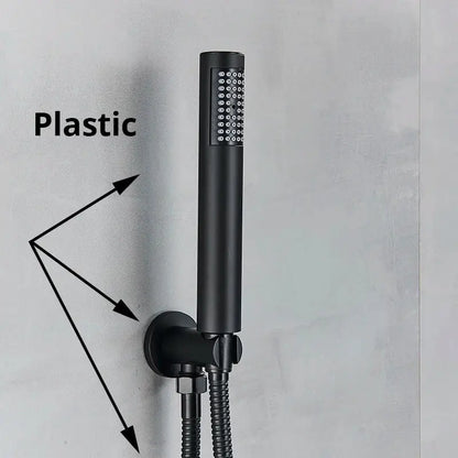 Modern rectangular black plastic handshower head with multiple spray nozzles and stainless steel hose by decorbites