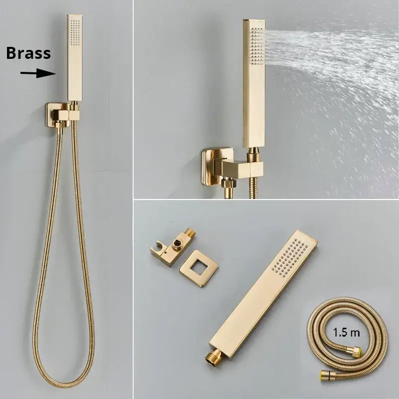 Gold-finished brass handshower head with sleek rectangular design and textured spray pattern with stainless steel hose