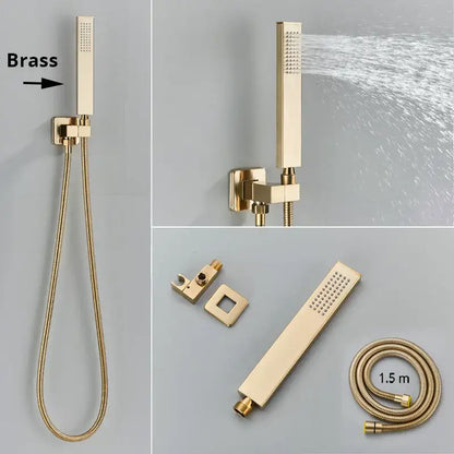 Gold-finished brass handshower head with sleek rectangular design and textured spray pattern with stainless steel hose