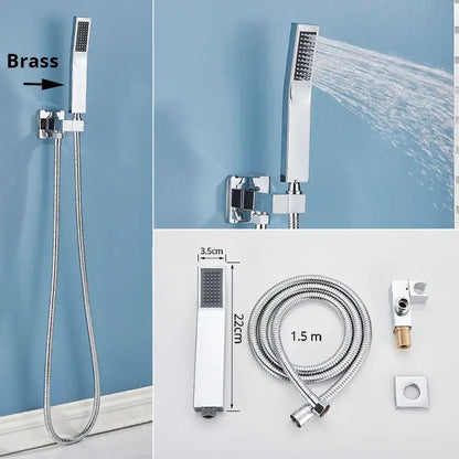 Modern rectangular decorbites handshower head in chrome finish with stainless steel hose and wall bracket components