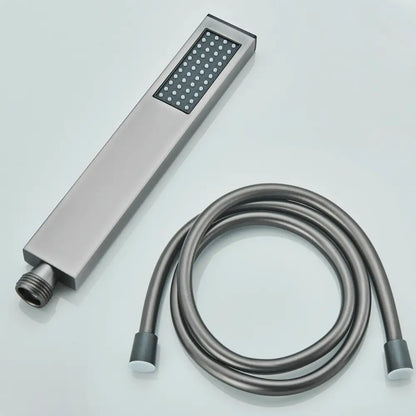 Modern rectangular handshower head with matte finish and stainless steel hose featuring a grid of water nozzles decorbites handshower head