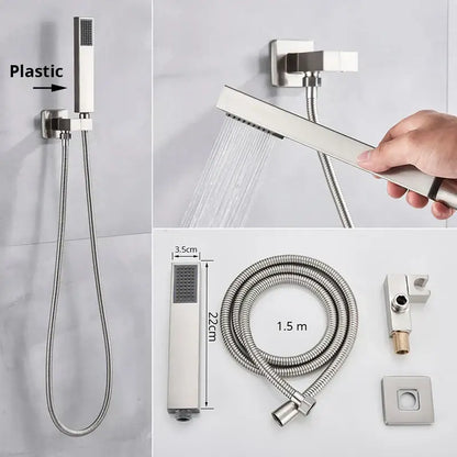 Modern rectangular handshower head with stainless steel hose and brushed stainless steel finish by decorbites