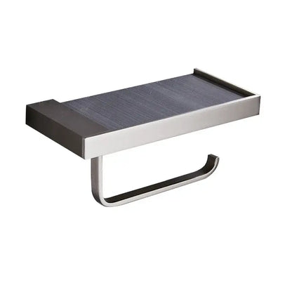 Modern rectangular metal toilet paper holder with brushed stainless steel finish and dark gray wood-grain shelf for bathroom
