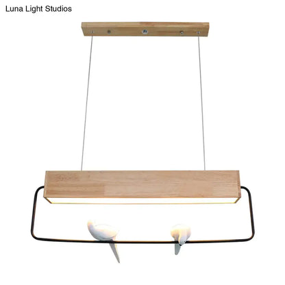 DecorBites™ modern rectangular wood pendant light with warm led illumination and white ceramic birds for dining room ceiling