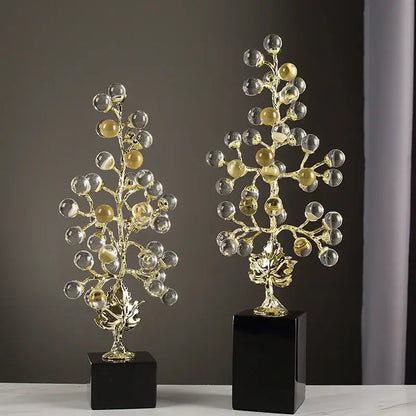 Modern red and gold grape vine metal sculpture with golden tree design and amber glass orbs for living room decorbites decor