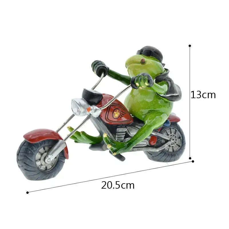 Modern red and green decorbites cool frog resin figurine wearing sunglasses and leather jacket riding a detailed motorcycle