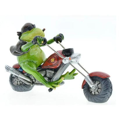 Modern red and green decorbites cool frog resin motorcycle desk ornament featuring a cool frog in leather jacket and sunglasses