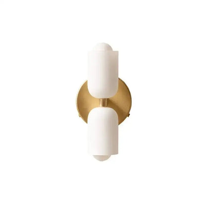 Modern red and white double head glass wall light with frosted shades and brushed brass backplate for bedroom use
