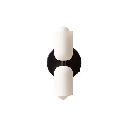 Modern red and white double head glass wall light with matte white frosted shades and black metal base for bedroom
