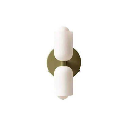 Modern red and white double head glass wall light with matte white frosted shades and brushed olive green backplate