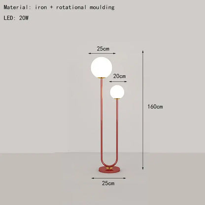 A modern floor lamp with rose gold curved iron and dual white glass spheres for stylish decorbites black white decor