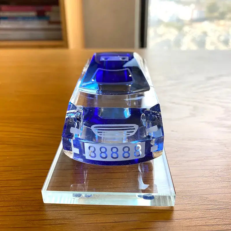 Modern red and blue crystal car model with translucent blue crystal car figurine and engraved 88888 license plate base for office decor