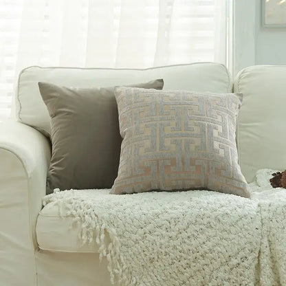 Beige and gray geometric chenille lumbar pillowcase with textured woven fabric for modern decorbites living room use