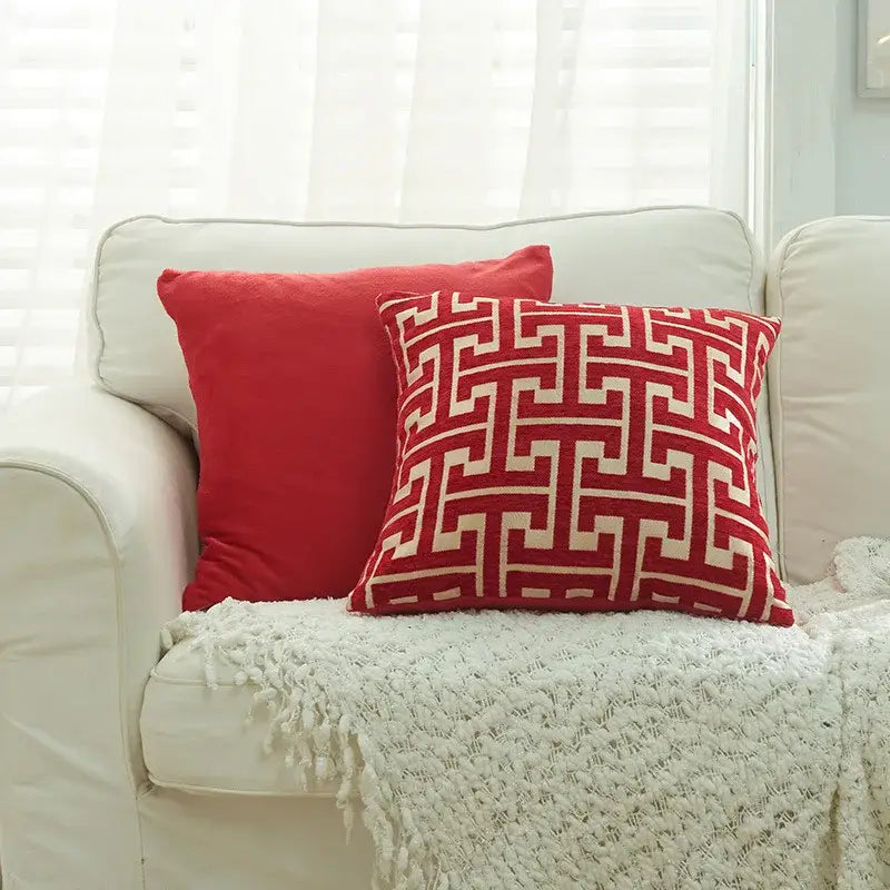 Modern red and cream geometric chenille lumbar pillowcase for living room decorbites geometric chenille pillow