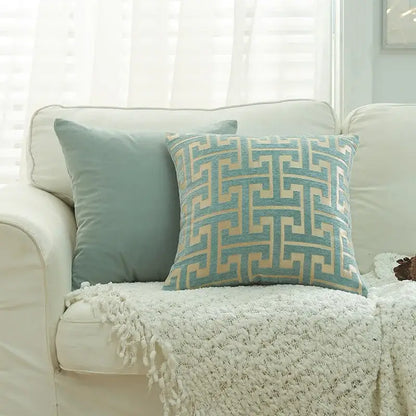 Modern teal and cream geometric chenille lumbar pillowcase with textured fabric finish for living room decorbites geometric chenille