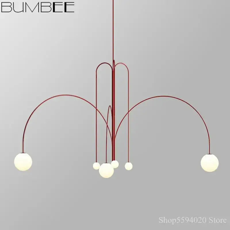Bumbee decorbites designer line chandelier with sleek red metal frame and frosted glass globes for living room lighting