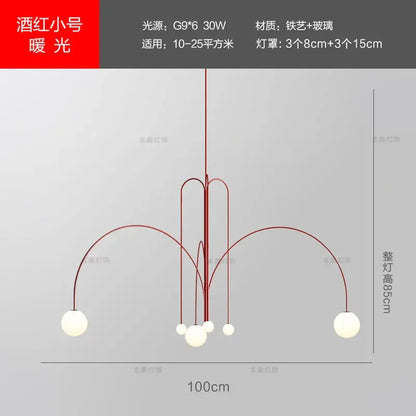 Modern red decorbites designer line chandelier with curved iron frame and spherical glass shades for living room lighting