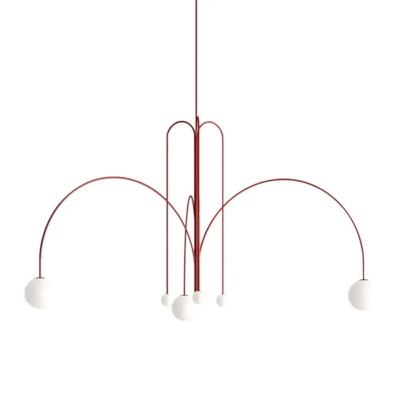 Modern red decorbites designer line chandelier with slender curved metal frame and five white glass globe shades for living room