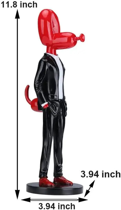 Red glossy balloon dog statue wearing a black suit with white shirt and red shoes made of resin for living room decor