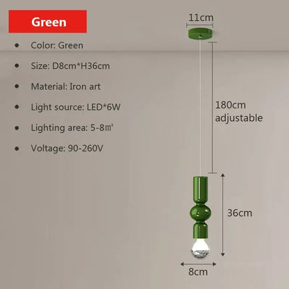 Modern red and green caterpillar iron led pendant light with green iron art design and adjustable 180cm hanging length
