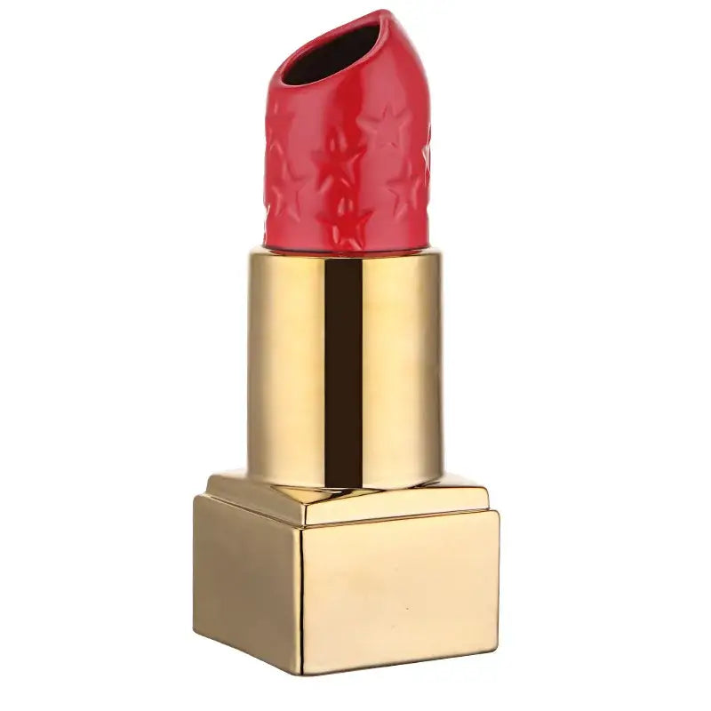Modern red lipstick shape ceramic vase with glossy finish and embossed star pattern for living room decorbites decor