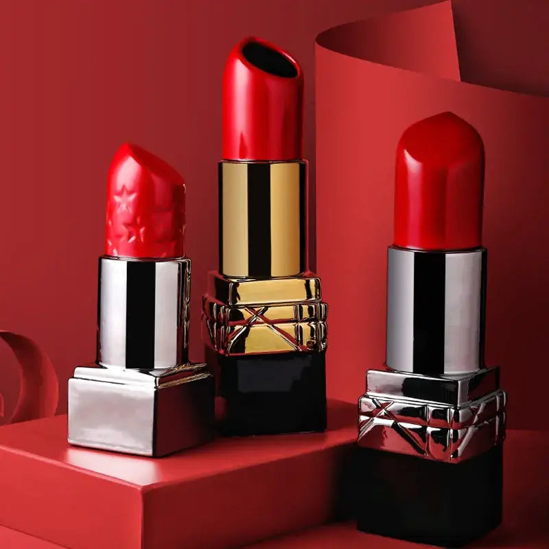 Three vibrant red decorbites lipstick shape ceramic vases with metallic casings for modern living room floral decor
