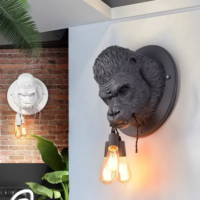 Modern retro dark gray gorilla resin wall lamp featuring textured fur and three exposed filament bulbs for bedroom decorbites gorilla resin wall use