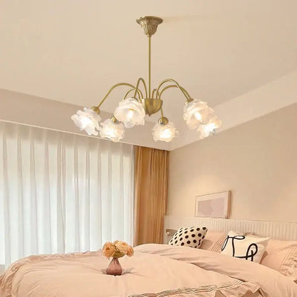 Modern retro gold decorbites elegant flower chandelier with five white glass shades for dining room lighting