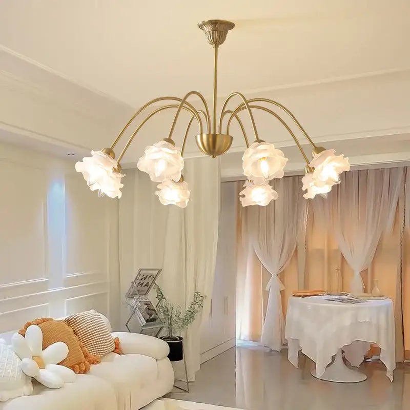 Modern retro decorbites elegant flower chandelier with gold-toned frame and five white translucent rose glass shades for dining room