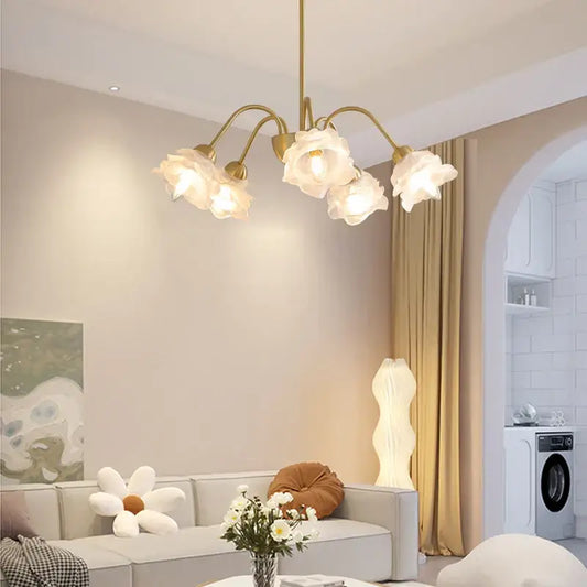 Gold-toned modern retro decorbites elegant flower chandelier with five translucent white flower-shaped shades for dining room