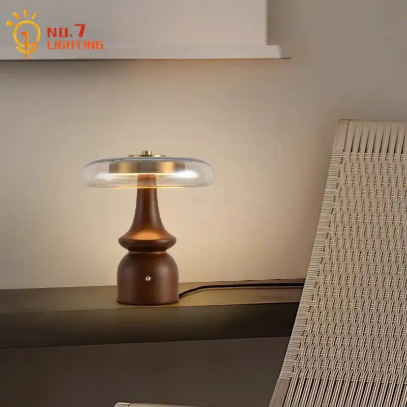 Modern retro decorbites gold lustre wood table lamp with warm bronze wooden base and transparent glass dome shade