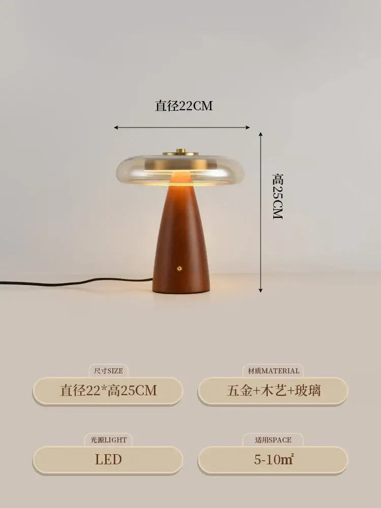 A modern retro gold lustre wood table lamp with warm amber wooden base and gold lustre top ring for bedroom decorbites