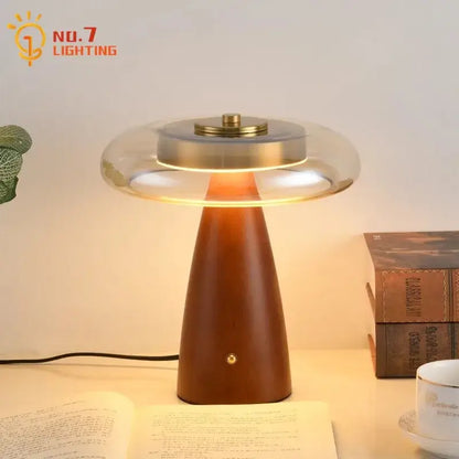 Modern retro gold lustre wood table lamp with warm wooden base brass top and clear dome by decorbites gold lustre