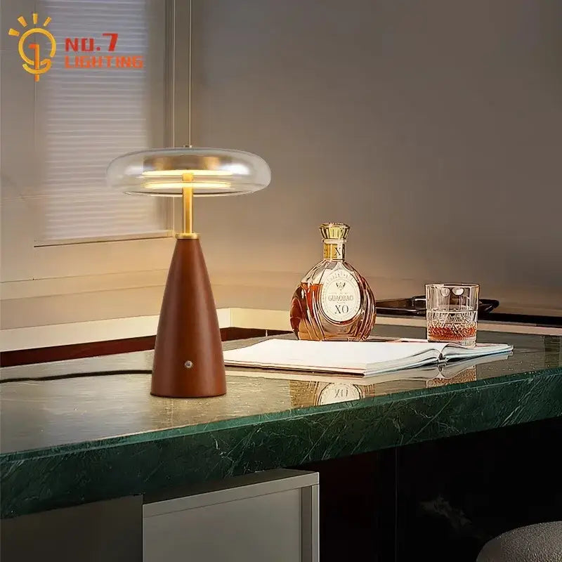 Modern retro gold lustre wood table lamp with warm amber wooden base and gold lustre wood decorbites gold lustre stem