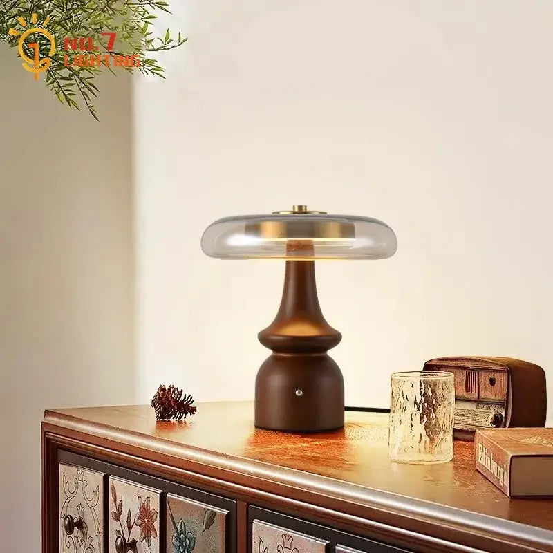 Modern retro gold lustre wood table lamp with warm brown ceramic base and translucent glass shade for decorbites gold lustre decor