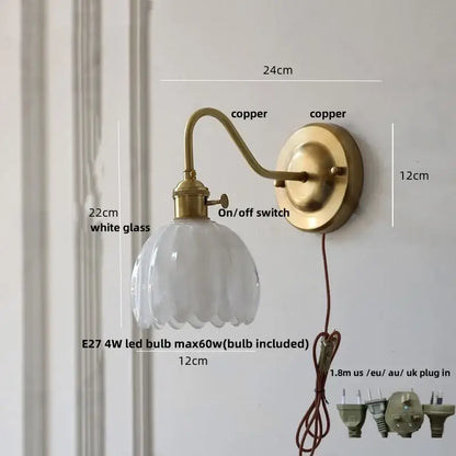 Brass-finished wall sconce with white scalloped glass shade and e27 led bulb for modern glass copper led wall lighting