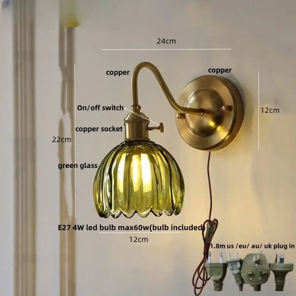 Vintage-style wall sconce featuring a ribbed green glass shade with copper led wall design for bedroom lighting