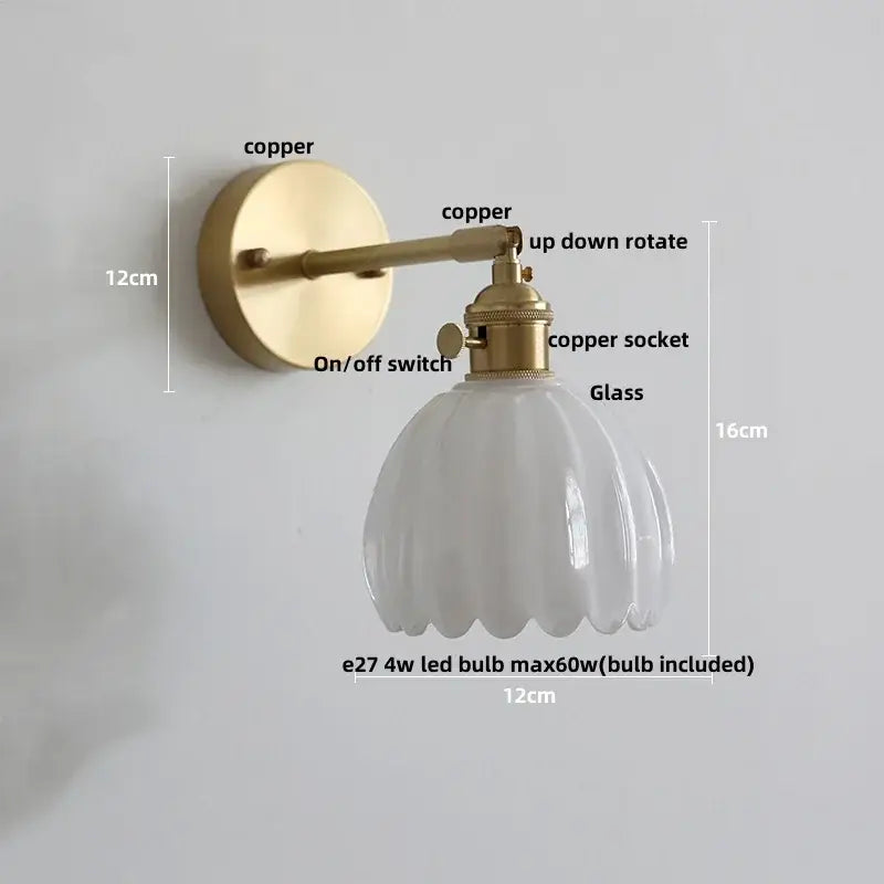 Modern ribbed amber glass copper led wall sconce featuring a polished copper finish and a translucent fluted glass shade