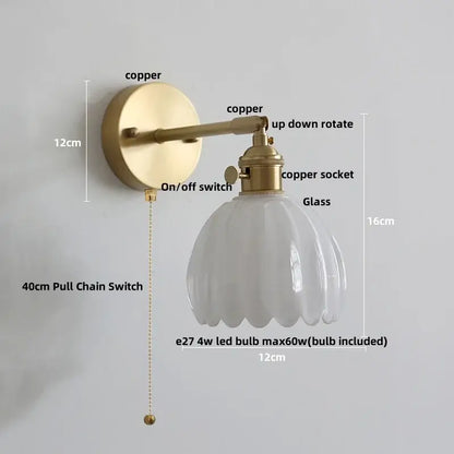 Vintage-style wall sconce with brass-finished copper arm and white fluted glass shade copper led wall sconce