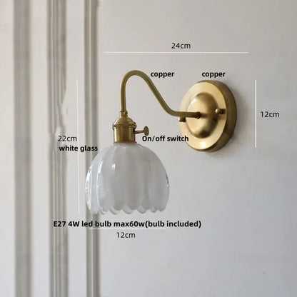 Vintage-style wall sconce with brass copper finish and scalloped white glass shade for modern copper led wall lighting