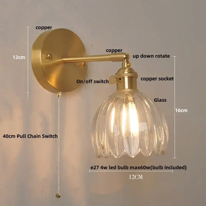 Modern ribbed amber glass wall sconce with brass finish, fluted shade, and adjustable glass copper knob switch arm