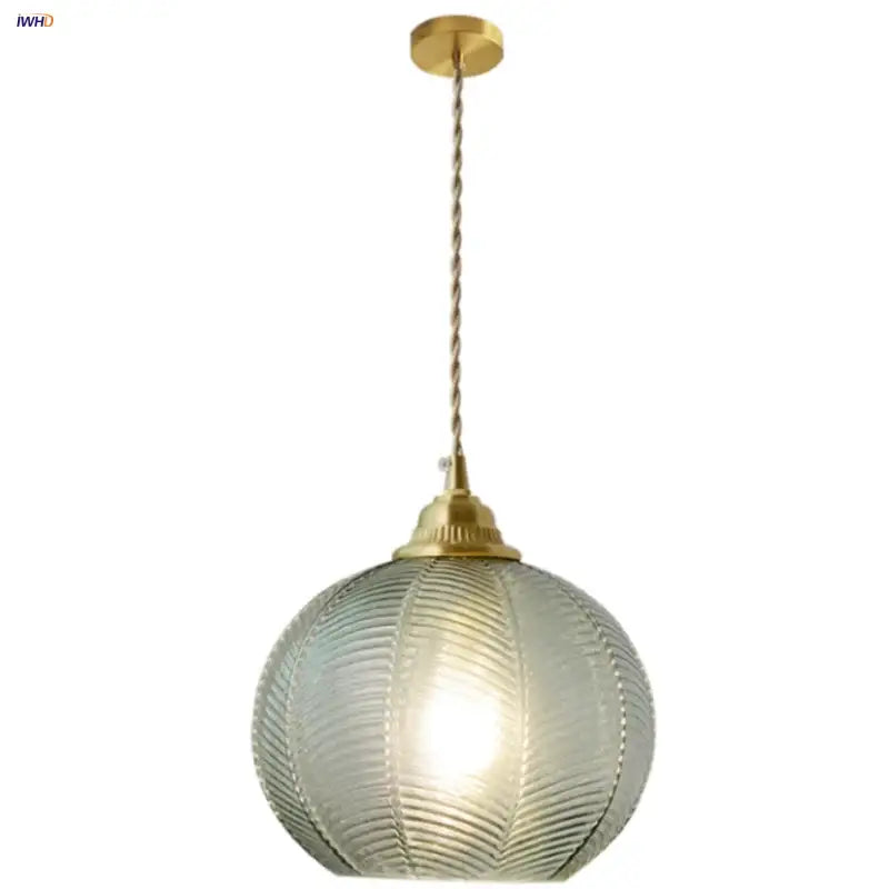 Modern ribbed blue glass led pendant lamp with translucent spherical glass and brass hardware for dining room lighting