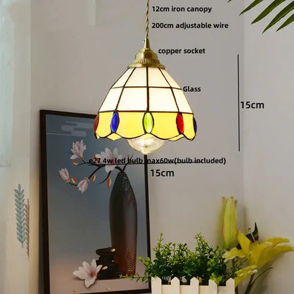 Stained glass pendant lamp with brass iron canopy and colorful leaded panels for decorbites blue glass led lighting
