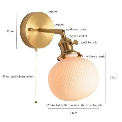 Vintage-style wall light with brass copper finish and white ribbed ceramic led globe for bedroom decorbites ceramic led wall
