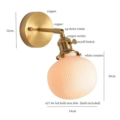 Vintage-style copper wall light with ribbed white ceramic globe and brass pull chain decorbites ceramic led wall light for bedroom