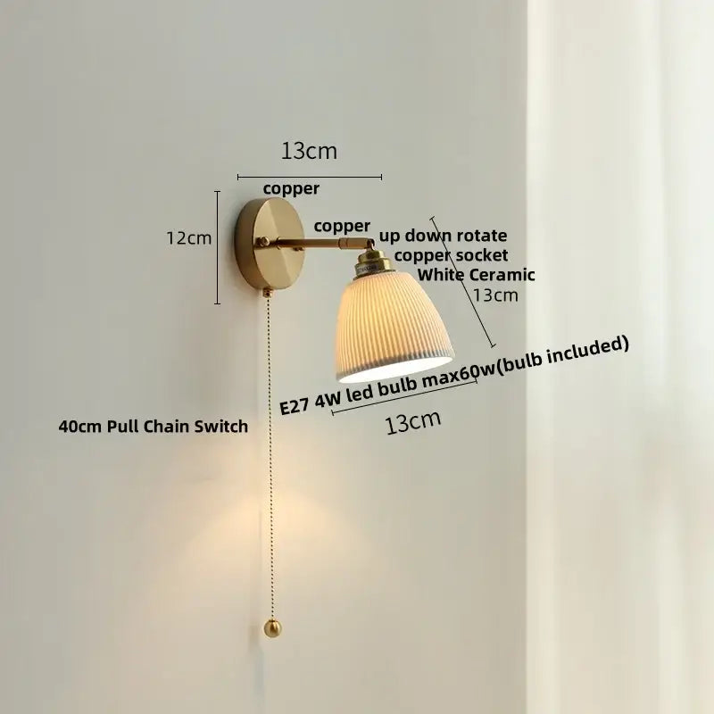 Copper-finished modern ribbed ceramic led wall light with brass arm and up-down rotating socket for bedroom decorbites ceramic led wall
