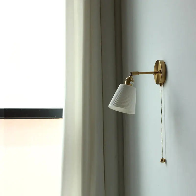 Minimalist brass wall lights with white ribbed ceramic led shade and pull chain for bedroom decorbites ceramic led wall use
