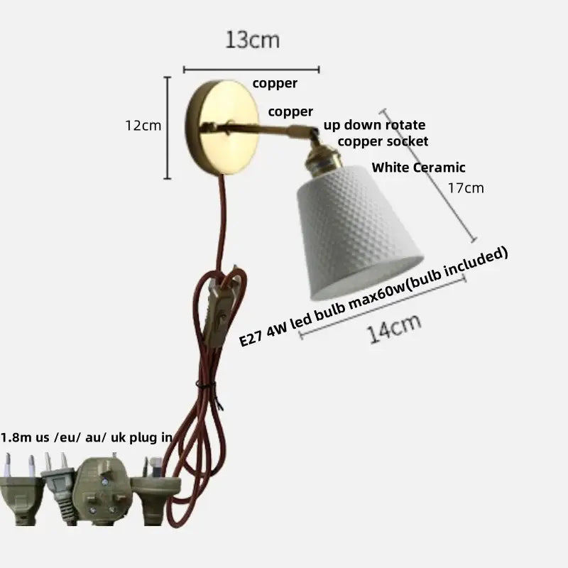 Modern ribbed ceramic led wall lights with a brass arm and white ceramic shade feature an adjustable rotating socket for bedroom use