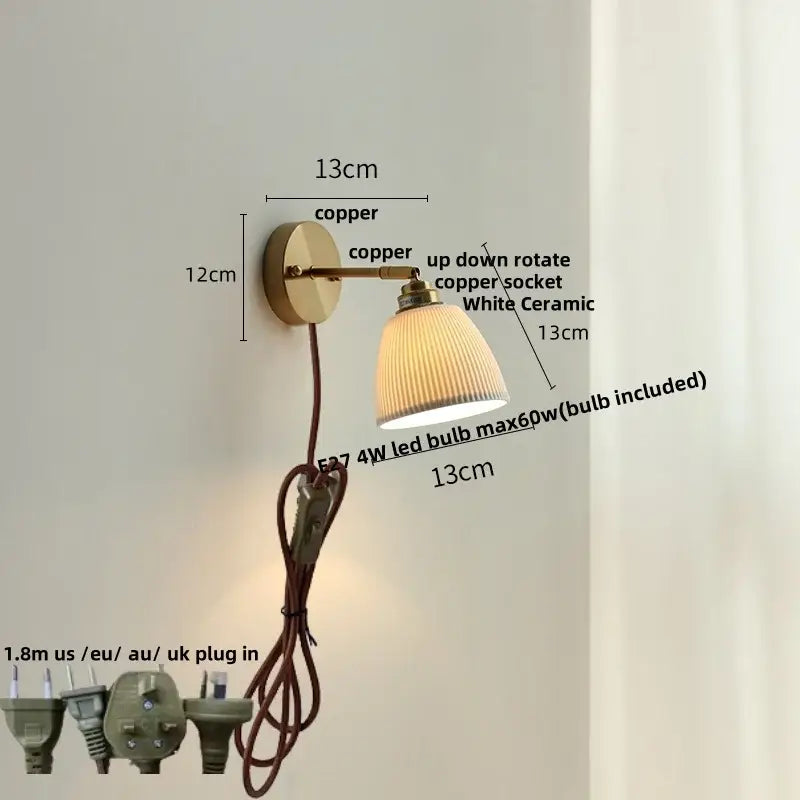 Copper modern ribbed decorbites ceramic led wall light with white ceramic lampshade and brass arm bedroom sconce