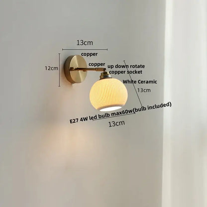 Modern ribbed white ceramic led wall light with copper-finished brass arm by decorbites for bedroom decor